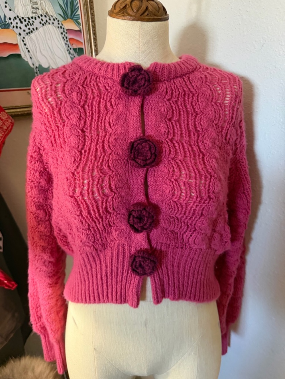Kimchi Blue Pink Floral-Button Knit Cardigan